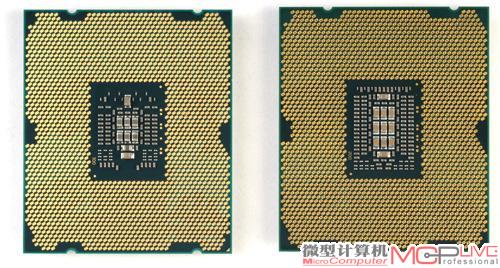 但从产品背面来看酷睿i7 3820（左）和酷睿i7 3960X（右）的区别就比较明显了，两颗处理器背面的电容、电感等贴片元件的排列顺序和元件数量都明显不同，这足以证明它们是两个不同的核心。