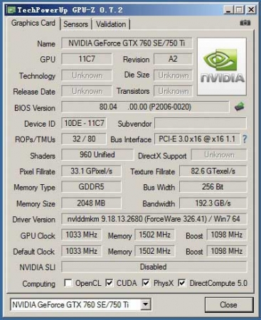 256bit显存位宽的GK106核心显卡GPU-Z信息