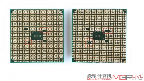 从外形来看，A10-7800 APU(左)在正面与A10-6800K(右)相比，几乎没有任何不同，两者的主要区别在于其背面两个缺口布局有所不同，Kaveri APU总共多出两根针脚，因此它只能用在FM2+接口的主板上。