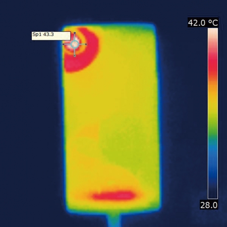 在室温高达28 摄氏度的情况下，用VOOC 闪充充电器持续充电40 分钟之后，机身升温并不高，前面板左上高为42 摄氏度。